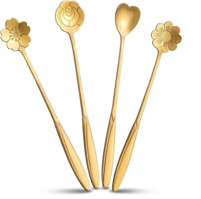 Main image of 7-Inch 4 Pcs Flower Spoon Coffee Teaspoon Set, Drink Stirring Spoon for Dessert, Coffee, Ice Cream, Tea (Gold)