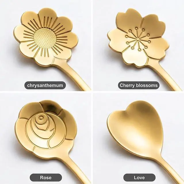 Alt view image 2 of 7 - 7-Inch 4 Pcs Flower Spoon Coffee Teaspoon Set, Drink Stirring Spoon for Dessert, Coffee, Ice Cream, Tea (Gold)