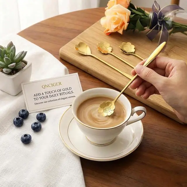 Alt view image 4 of 7 - 7-Inch 4 Pcs Flower Spoon Coffee Teaspoon Set, Drink Stirring Spoon for Dessert, Coffee, Ice Cream, Tea (Gold)