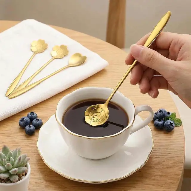 Alt view image 5 of 7 - 7-Inch 4 Pcs Flower Spoon Coffee Teaspoon Set, Drink Stirring Spoon for Dessert, Coffee, Ice Cream, Tea (Gold)