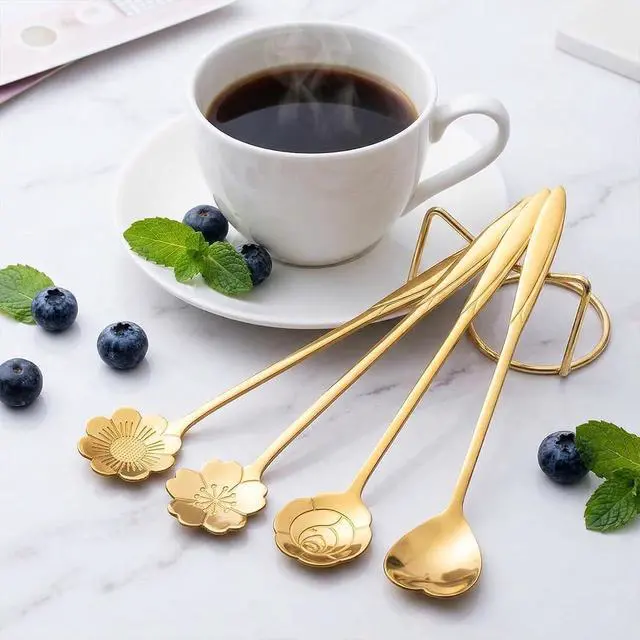 Alt view image 7 of 7 - 7-Inch 4 Pcs Flower Spoon Coffee Teaspoon Set, Drink Stirring Spoon for Dessert, Coffee, Ice Cream, Tea (Gold)