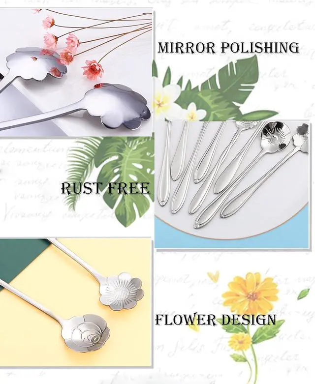 Alt view image 5 of 6 - 9 Pcs Flower Spoon Coffee Teaspoon, ESRISE Stainless Steel Tea Spoon (Silver)
