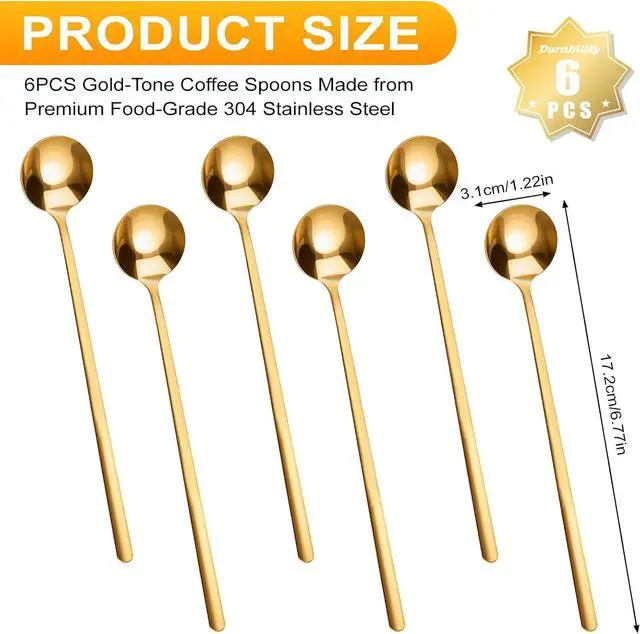 Alt view image 4 of 7 - 6 PCS Gold Coffee/Tea Spoon Set, 6.7 Inches Long Handle 304 Stainless Steel Espresso Spoon, Ice Tea Stirring Utensil, Durable Coffee Bar Accessory for Home and Café