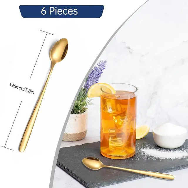 Alt view image 2 of 6 - Long Handle Iced Tea Spoon,7.8-Inch Gold Coffee Spoon,Ice Cream Spoon, Stainless Steel TeaSpoons,Cocktail Stirring Spoon,Set of 6