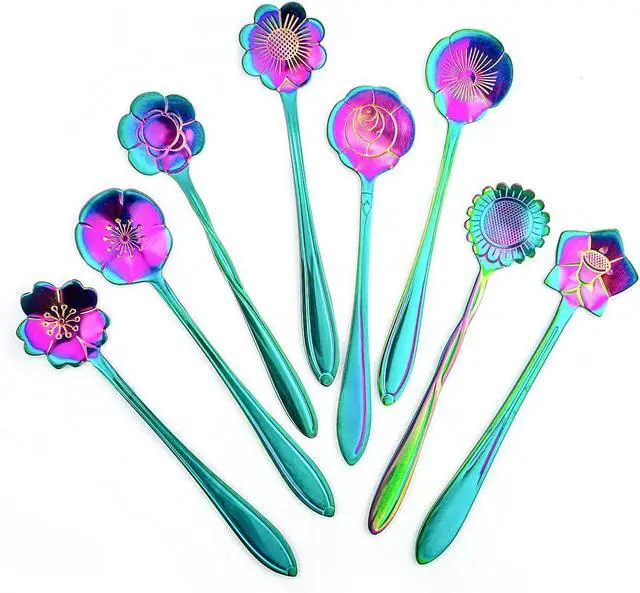 Main image of 8 Pieces Rainbow Flower Spoon Coffee Teaspoon Set, Stainless Steel Reusable Cute Tea Spoon for Drink Mixing Milkshake Jam, 8 Different Patterns