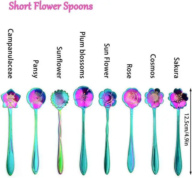 Alt view image 2 of 5 - 8 Pieces Rainbow Flower Spoon Coffee Teaspoon Set, Stainless Steel Reusable Cute Tea Spoon for Drink Mixing Milkshake Jam, 8 Different Patterns