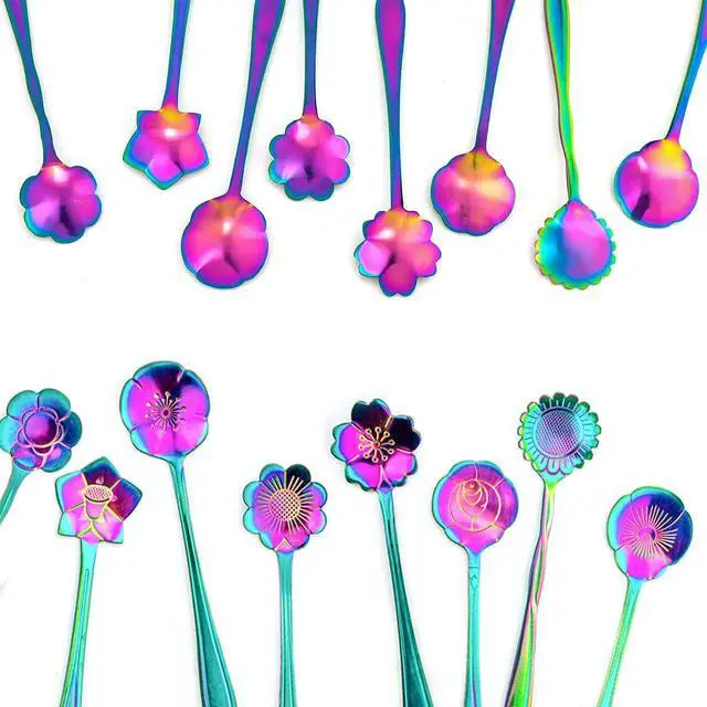Alt view image 3 of 5 - 8 Pieces Rainbow Flower Spoon Coffee Teaspoon Set, Stainless Steel Reusable Cute Tea Spoon for Drink Mixing Milkshake Jam, 8 Different Patterns