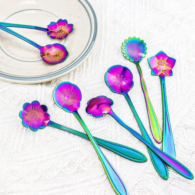 Alt view image 4 of 5 - 8 Pieces Rainbow Flower Spoon Coffee Teaspoon Set, Stainless Steel Reusable Cute Tea Spoon for Drink Mixing Milkshake Jam, 8 Different Patterns