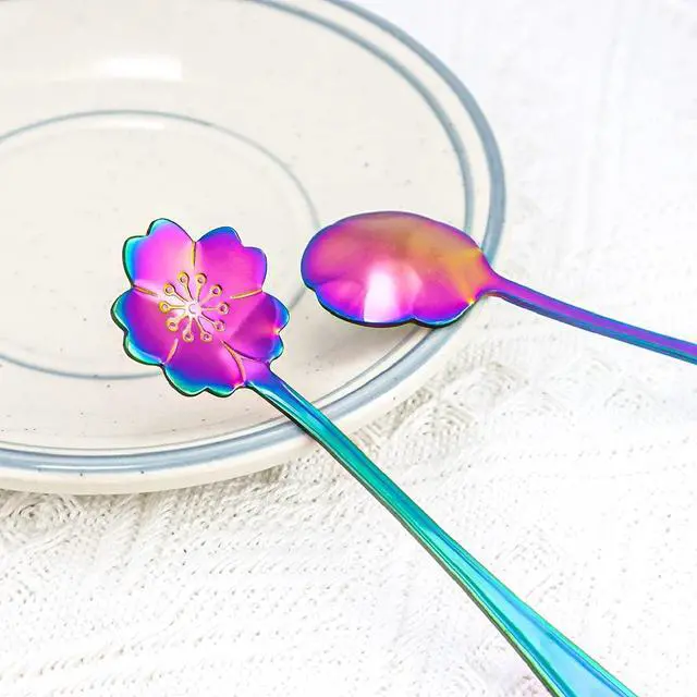 Alt view image 5 of 5 - 8 Pieces Rainbow Flower Spoon Coffee Teaspoon Set, Stainless Steel Reusable Cute Tea Spoon for Drink Mixing Milkshake Jam, 8 Different Patterns