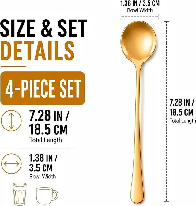 Alt view image 3 of 7 - Gold Coffee Spoons, 4 Pack, 7.28-Inch Long Handle Stirring Spoons for Latte