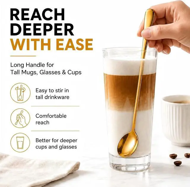 Alt view image 4 of 7 - Gold Coffee Spoons, 4 Pack, 7.28-Inch Long Handle Stirring Spoons for Latte