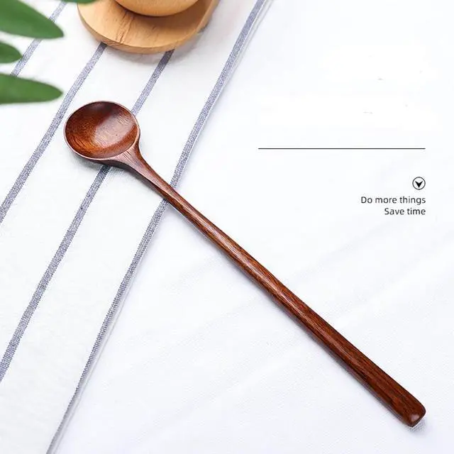 Alt view image 3 of 7 - Long Soup Spoons, 11In Korean Style Natural Wood Long Handle Round Spoons