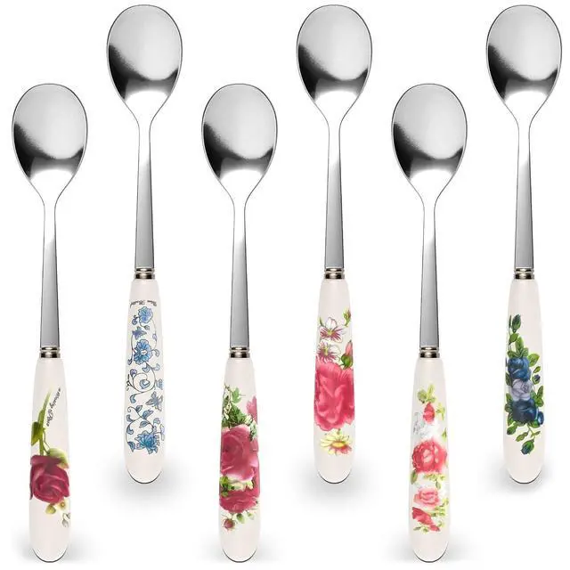 Main image of 6 Pcs Coffee Spoons Set, 6.1 In, Floral Ceramic Handle & Stainless Steel