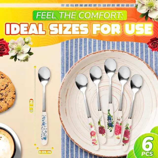 Alt view image 2 of 7 - 6 Pcs Coffee Spoons Set, 6.1 In, Floral Ceramic Handle & Stainless Steel