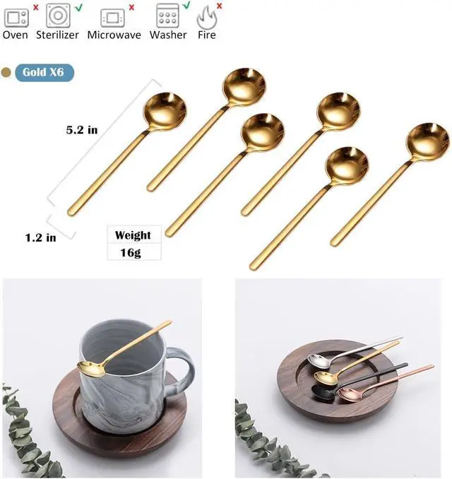 Alt view image 3 of 7 - 6 PCS Gold Coffee Spoons, 18/8 Stainless Steel Espresso Spoons, 5.2 Inches Vogue Mini Tea Spoon, Cappuccino Stirring Small Spoon for Dessert, Ice Cream, Frosted Handle, Sweejar (Gold)