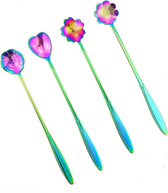 Main image of Flower Spoon Set of 4, 7 Inches Stainless Steel Reusable Cute Tea Spoon for Drink Mixing Milkshake Jam (Rainbow)