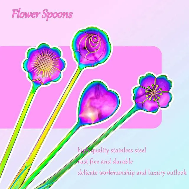 Alt view image 4 of 5 - Flower Spoon Set of 4, 7 Inches Stainless Steel Reusable Cute Tea Spoon for Drink Mixing Milkshake Jam (Rainbow)