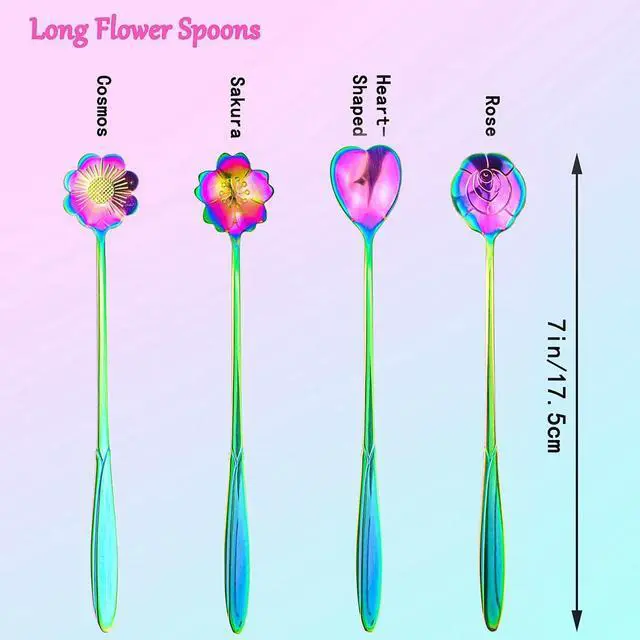 Alt view image 2 of 5 - Flower Spoon Set of 4, 7 Inches Stainless Steel Reusable Cute Tea Spoon for Drink Mixing Milkshake Jam (Rainbow)