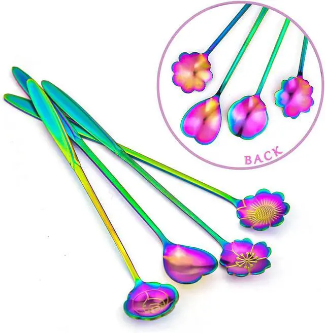 Alt view image 3 of 5 - Flower Spoon Set of 4, 7 Inches Stainless Steel Reusable Cute Tea Spoon for Drink Mixing Milkshake Jam (Rainbow)