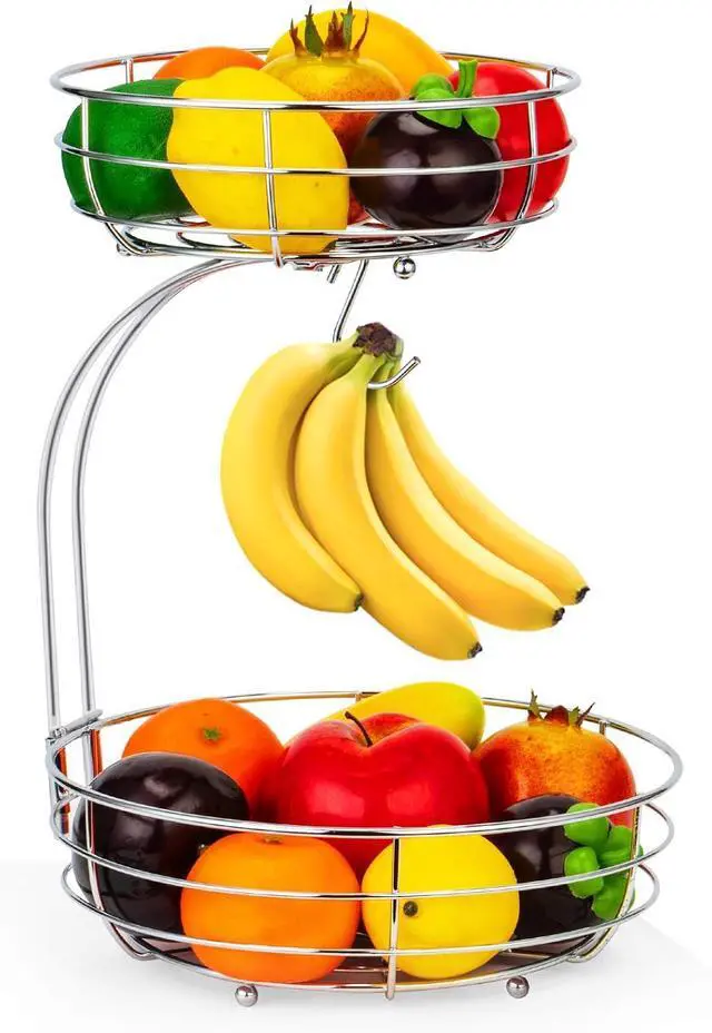 Main image of Auledio 2-Tier Countertop Fruit Vegetables Basket Bowl Storage With Banana Hanger,Chrome
