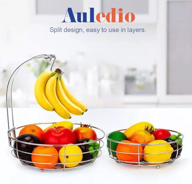 Alt view image 2 of 7 - Auledio 2-Tier Countertop Fruit Vegetables Basket Bowl Storage With Banana Hanger,Chrome