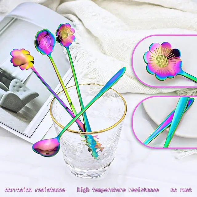 Alt view image 5 of 5 - Flower Spoon Set of 4, 7 Inches Stainless Steel Reusable Cute Tea Spoon for Drink Mixing Milkshake Jam (Rainbow)