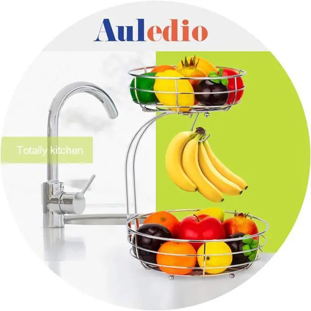 Alt view image 3 of 7 - Auledio 2-Tier Countertop Fruit Vegetables Basket Bowl Storage With Banana Hanger,Chrome
