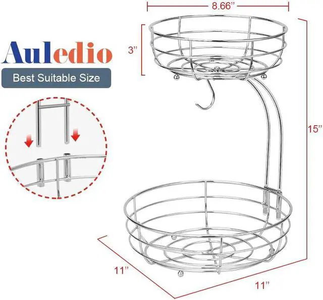 Alt view image 5 of 7 - Auledio 2-Tier Countertop Fruit Vegetables Basket Bowl Storage With Banana Hanger,Chrome