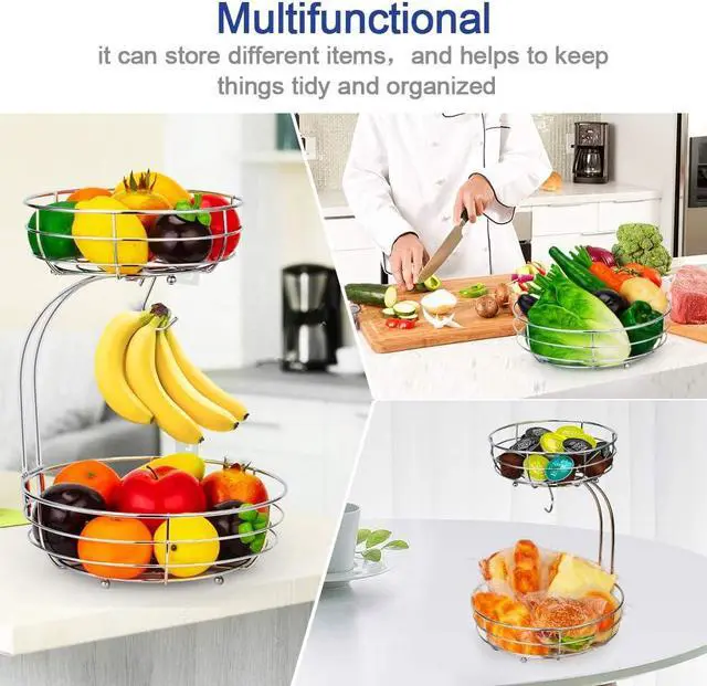 Alt view image 7 of 7 - Auledio 2-Tier Countertop Fruit Vegetables Basket Bowl Storage With Banana Hanger,Chrome