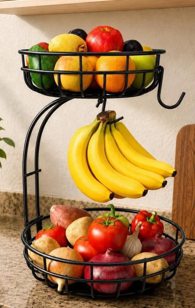 Main image of Sevenblue 2 Tier Modern Fruit Basket for Kitchen Counter with 2 Banana Hook