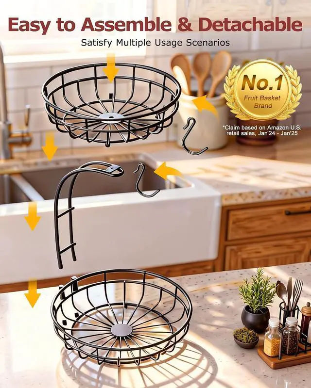Alt view image 2 of 7 - Sevenblue 2 Tier Modern Fruit Basket for Kitchen Counter with 2 Banana Hook