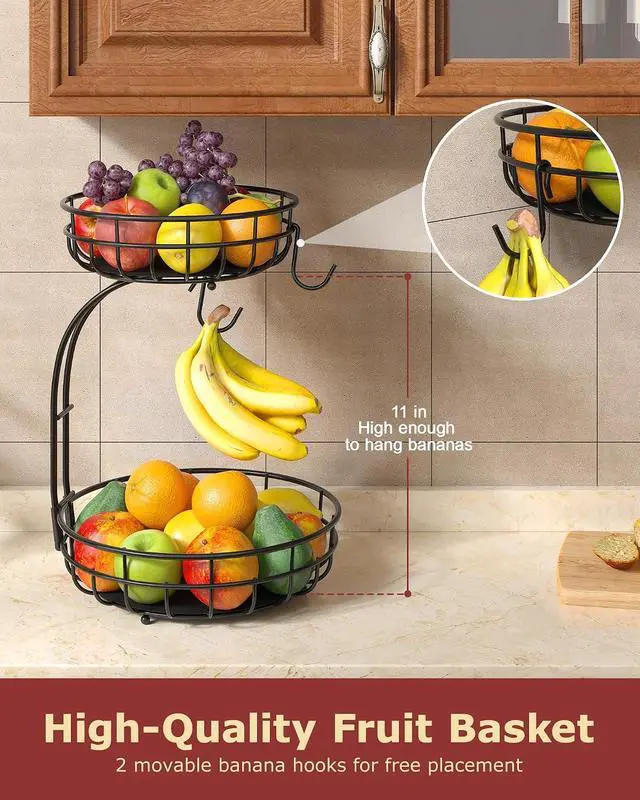 Alt view image 5 of 7 - Sevenblue 2 Tier Modern Fruit Basket for Kitchen Counter with 2 Banana Hook