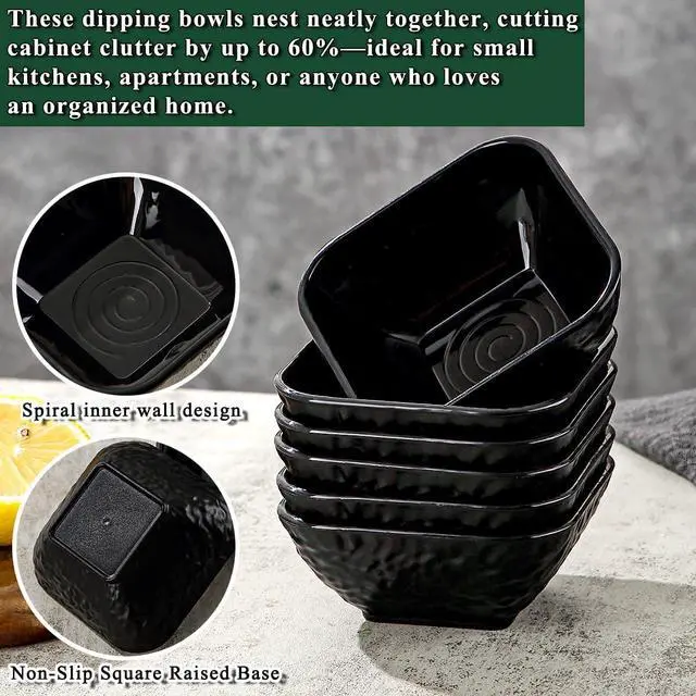 Alt view image 6 of 7 - Berglander Dip Bowls Set 6pcs, 6 oz Black Plastic Dipping Bowls, Matte Stone Texture Soy Sauce Plates, Mini Appetizer Bowls for Side Dishes, Condiment Server for Tomato Sauce, Ketchup, BBQ, Party