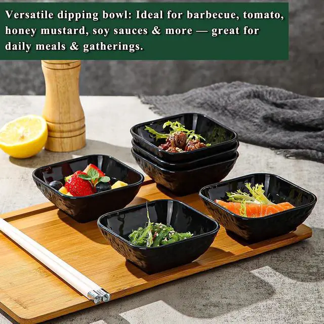 Alt view image 7 of 7 - Berglander Dip Bowls Set 6pcs, 6 oz Black Plastic Dipping Bowls, Matte Stone Texture Soy Sauce Plates, Mini Appetizer Bowls for Side Dishes, Condiment Server for Tomato Sauce, Ketchup, BBQ, Party