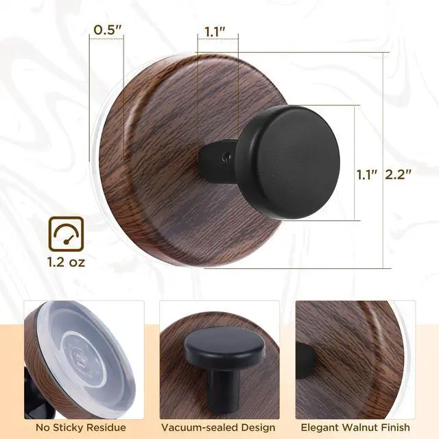 Alt view image 2 of 7 - Decorative Suction Cup Hooks, Wreath Hanger, Multi-Purpose Wall Mount for Bathroom, Kitchen, Door, Window, Easy Install 5PCS (Wood Grain)