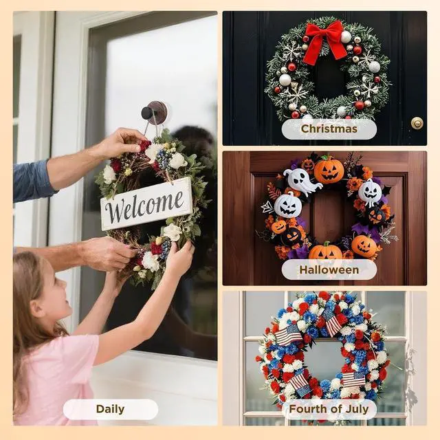 Alt view image 3 of 7 - Decorative Suction Cup Hooks, Wreath Hanger, Multi-Purpose Wall Mount for Bathroom, Kitchen, Door, Window, Easy Install 5PCS (Wood Grain)
