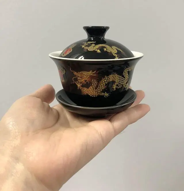 Alt view image 2 of 6 - Ceramic Kung Fu Teacup, Chinese Gaiwan-Dragon (Black)