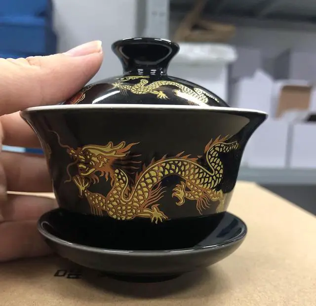 Alt view image 3 of 6 - Ceramic Kung Fu Teacup, Chinese Gaiwan-Dragon (Black)