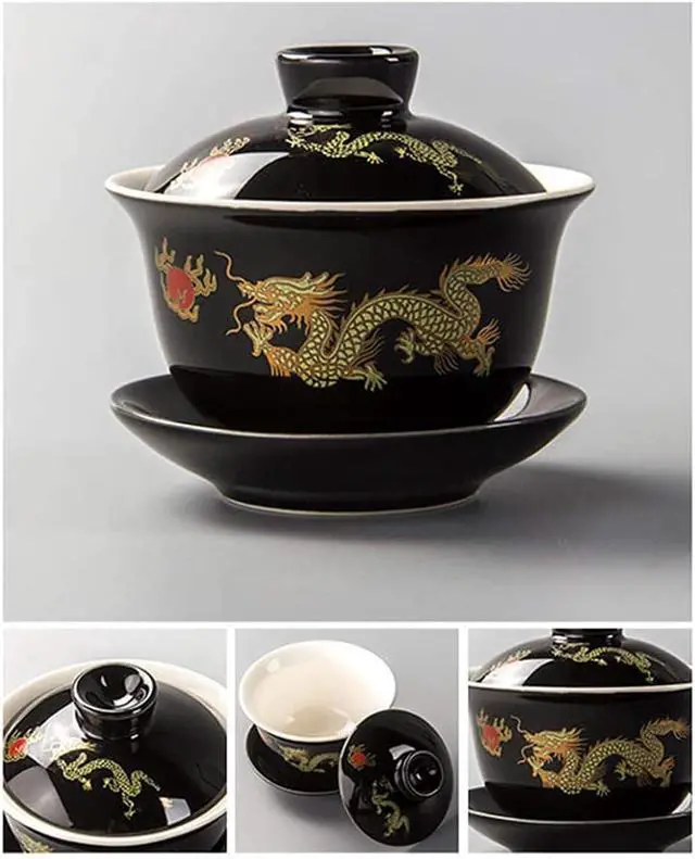 Alt view image 4 of 6 - Ceramic Kung Fu Teacup, Chinese Gaiwan-Dragon (Black)