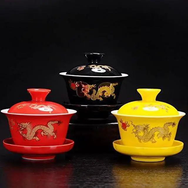 Alt view image 6 of 6 - Ceramic Kung Fu Teacup, Chinese Gaiwan-Dragon (Black)