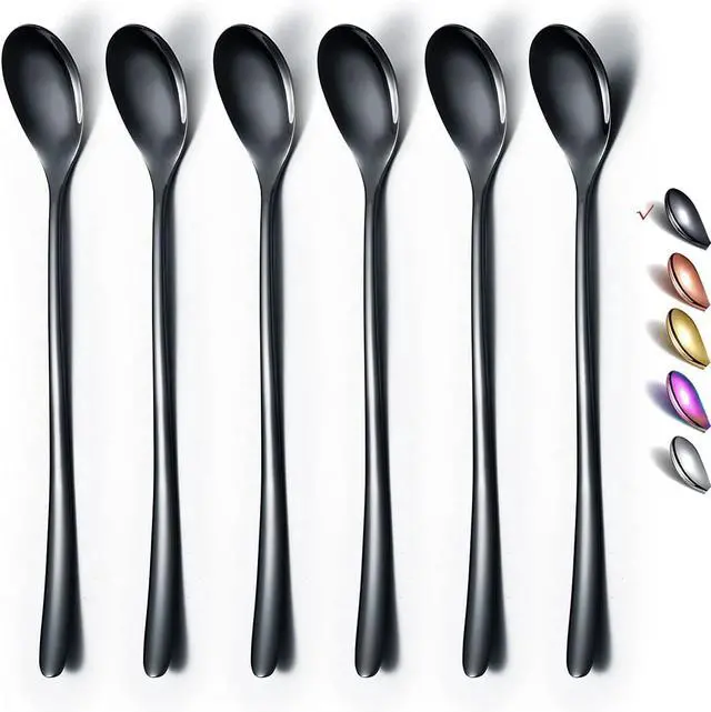 Main image of Black Long Handle Spoon, Coffee Stirrers, Premium Stainless Steel Coffee Spoons, Ice Tea Spoons, Ice Cream Spoon, Cocktail Stirring Spoons, Tea Spoons, Set of 6 (Black)