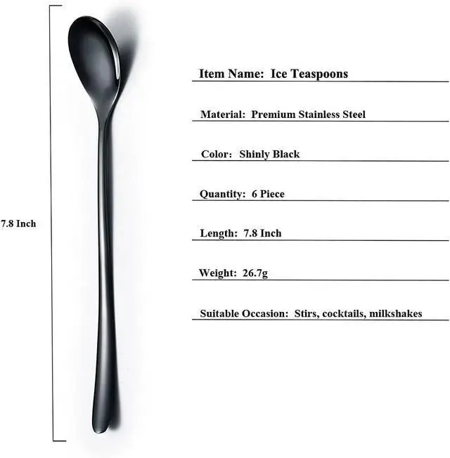 Alt view image 2 of 7 - Black Long Handle Spoon, Coffee Stirrers, Premium Stainless Steel Coffee Spoons, Ice Tea Spoons, Ice Cream Spoon, Cocktail Stirring Spoons, Tea Spoons, Set of 6 (Black)