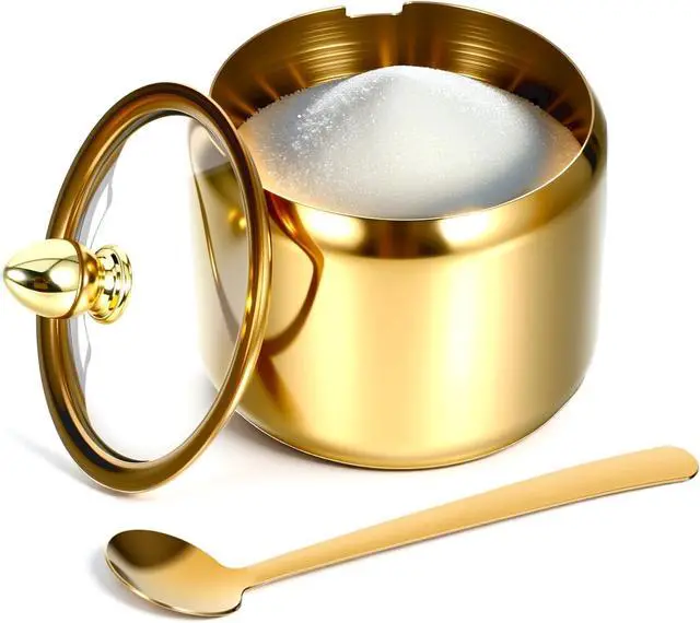 Main image of Gold Sugar Bowl with Glass Lid and Spoon, 10oz Capacity Stainless Steel Sugar Container Round Kitchen Storage Pot Coffee Bar Accessories for Kitchen Storage, Salt, Candy, Coffee Beans