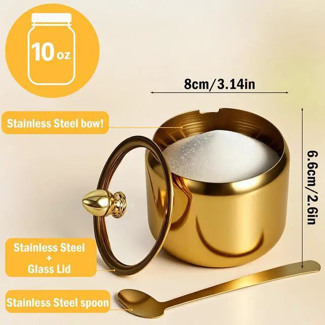 Alt view image 2 of 7 - Gold Sugar Bowl with Glass Lid and Spoon, 10oz Capacity Stainless Steel Sugar Container Round Kitchen Storage Pot Coffee Bar Accessories for Kitchen Storage, Salt, Candy, Coffee Beans