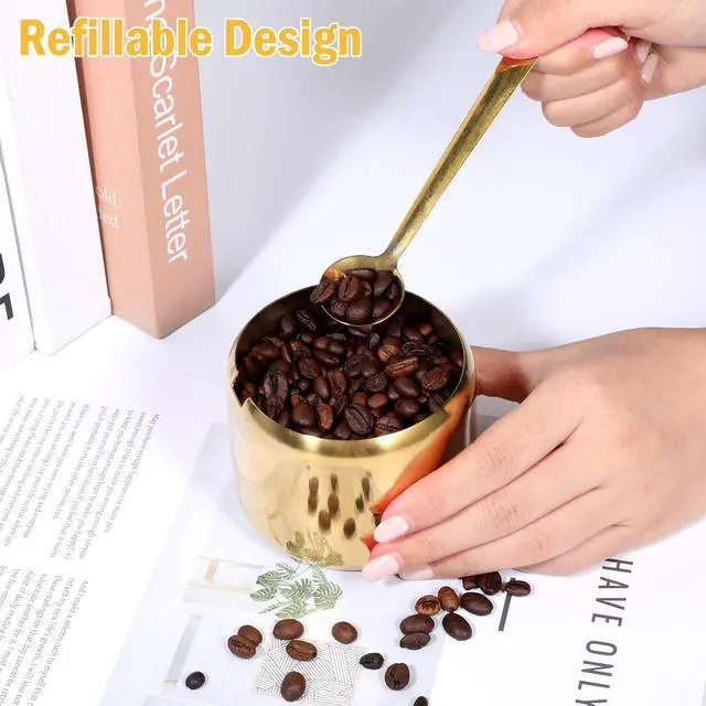 Alt view image 3 of 7 - Gold Sugar Bowl with Glass Lid and Spoon, 10oz Capacity Stainless Steel Sugar Container Round Kitchen Storage Pot Coffee Bar Accessories for Kitchen Storage, Salt, Candy, Coffee Beans