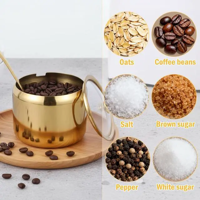 Alt view image 4 of 7 - Gold Sugar Bowl with Glass Lid and Spoon, 10oz Capacity Stainless Steel Sugar Container Round Kitchen Storage Pot Coffee Bar Accessories for Kitchen Storage, Salt, Candy, Coffee Beans