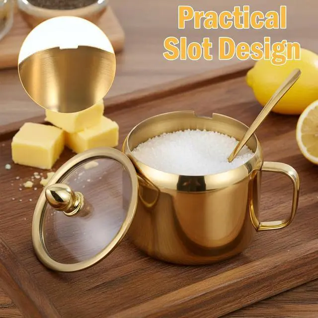 Alt view image 5 of 7 - Gold Sugar Bowl with Glass Lid and Spoon, 10oz Capacity Stainless Steel Sugar Container Round Kitchen Storage Pot Coffee Bar Accessories for Kitchen Storage, Salt, Candy, Coffee Beans