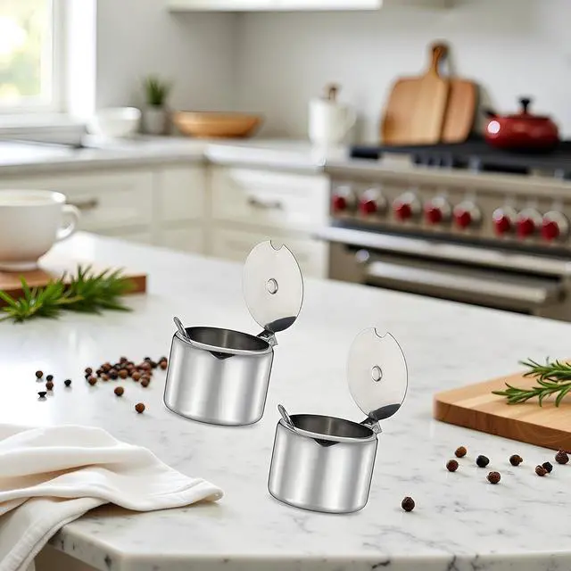 Alt view image 2 of 6 - 2Set of Silver 285ml Stainless Steel Sugar Bowl with Spoon,Condiment Seasoning Pot Sugar Canister with Spoon - Storage Tank for Various Seasonings and Spices,Dinnerware and Serveware Kitchen Gadgets