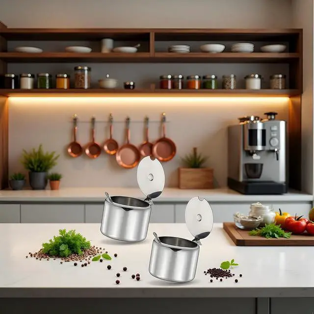 Alt view image 4 of 6 - 2Set of Silver 285ml Stainless Steel Sugar Bowl with Spoon,Condiment Seasoning Pot Sugar Canister with Spoon - Storage Tank for Various Seasonings and Spices,Dinnerware and Serveware Kitchen Gadgets