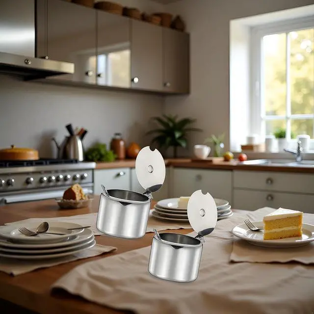 Alt view image 6 of 6 - 2Set of Silver 285ml Stainless Steel Sugar Bowl with Spoon,Condiment Seasoning Pot Sugar Canister with Spoon - Storage Tank for Various Seasonings and Spices,Dinnerware and Serveware Kitchen Gadgets